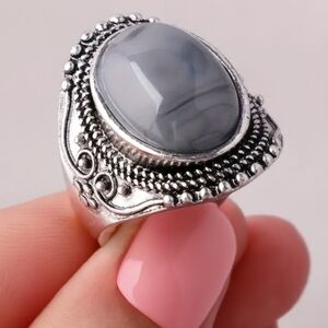 BOHO Silver Ring Marble Gray Stone NIP